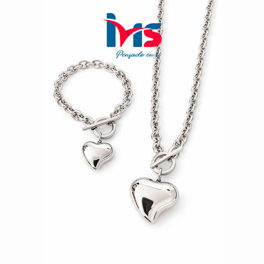Set de Collar y Pulsera Corazón en Acero Quirúrgico Waterproof