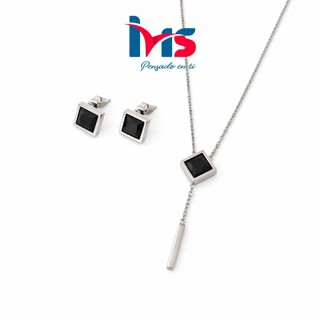 Set de Collar y Aretes Geométricos con Piedra Negra en Acero Inoxidable