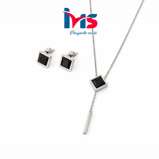 Set de Collar y Aretes Geométricos con Piedra Negra en Acero Inoxidable