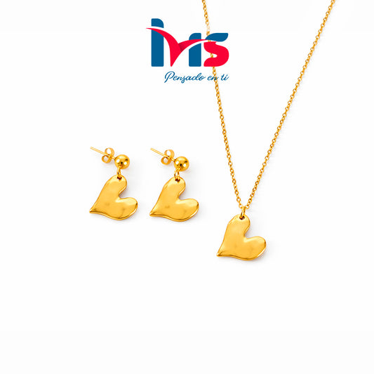 Set de Collar y Aretes Corazón en Acero Inoxidable Dorado