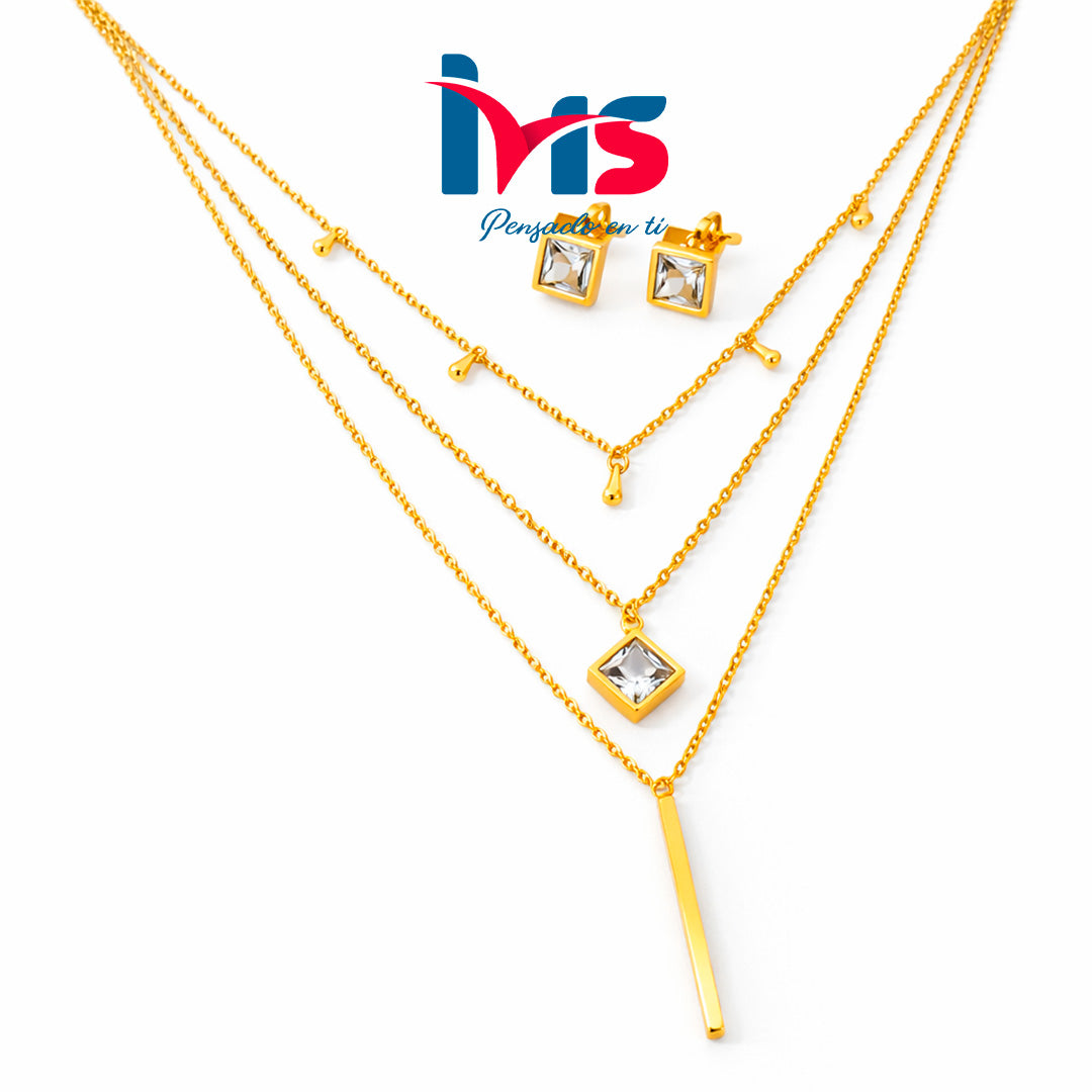 ✨ Set de Collar Multicapa y Aretes en Acero Inoxidable