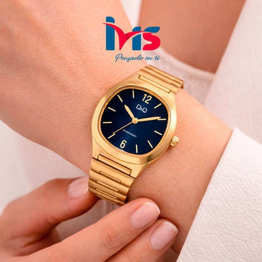 Reloj Original Q&Q Q02C-003PY para Mujer  Elegancia Clásica en Dorado con Esfera Azul