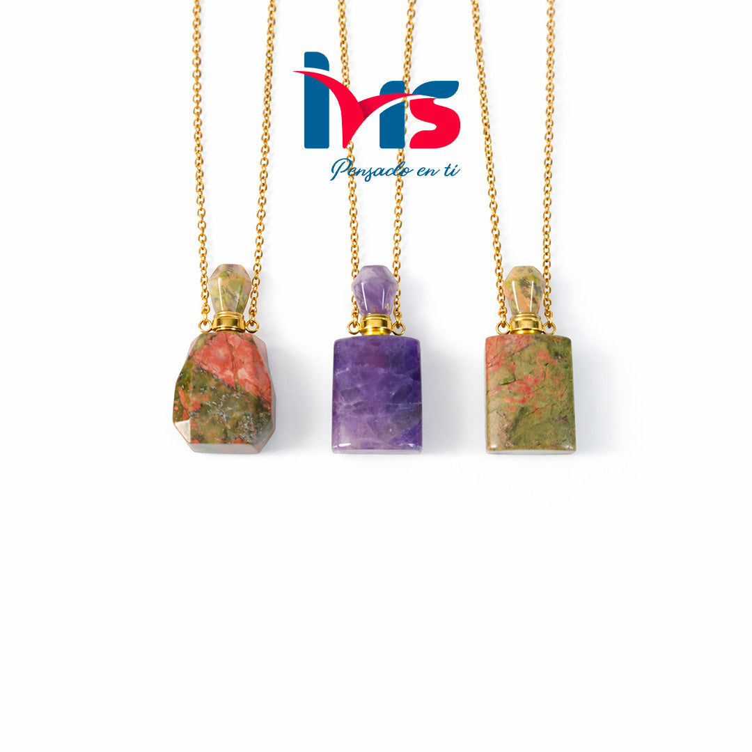 ✨ Botella de Perfume de Piedra Natural con Cadena de Acero Quirúrgico 316L