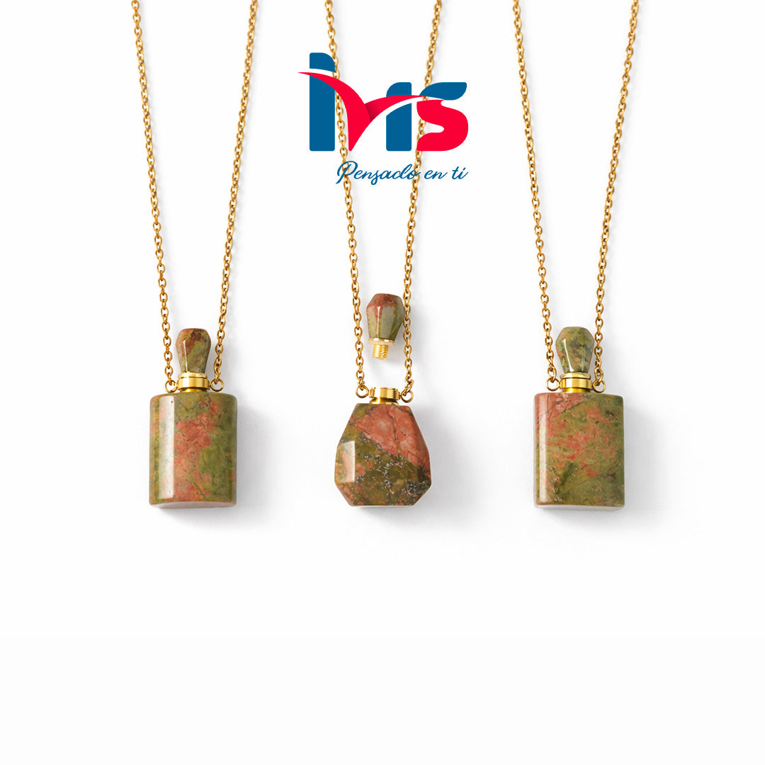 ✨ Botella de Perfume de Piedra Natural con Cadena de Acero Quirúrgico 316L