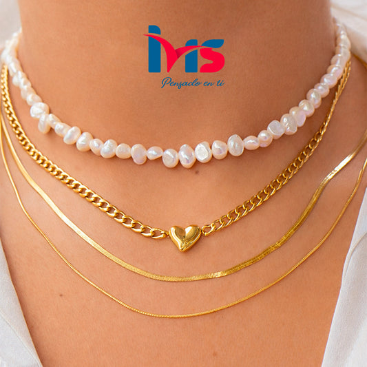 Collar Multicapa de Acero Quirúrgico 316L con Perlas Naturales