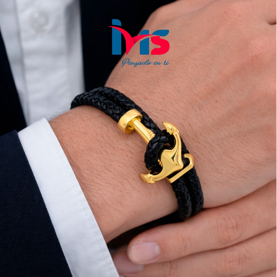 Pulsera de Cuero con Ancla en Acero Inoxidable