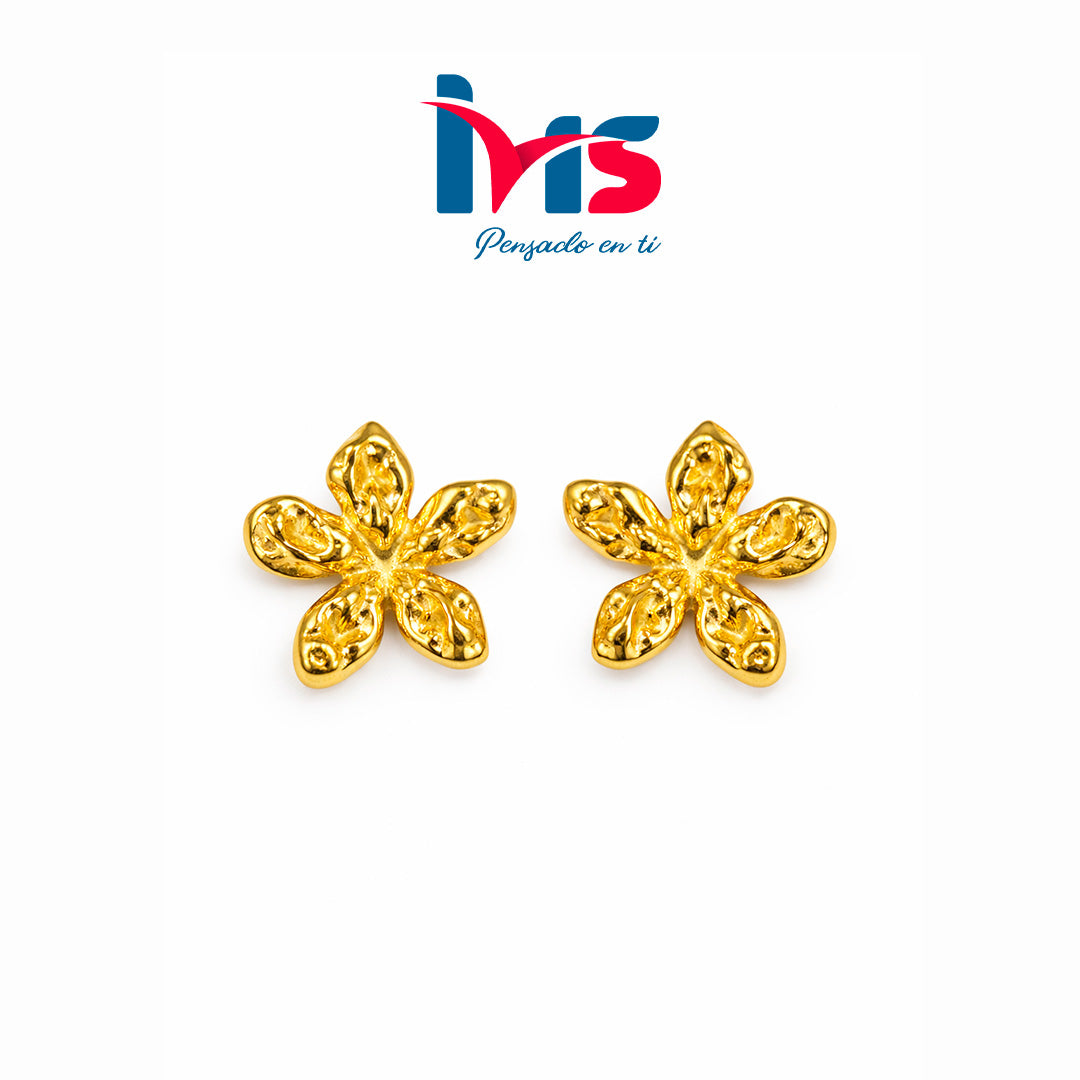 Aretes Flor Texturizada en Acero 316L Enchapado en Oro, Waterproof.