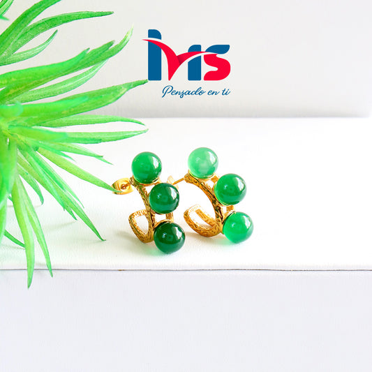 Aretes Dorados con Esferas Verdes – Acero Quirúrgico 316L Waterproof.