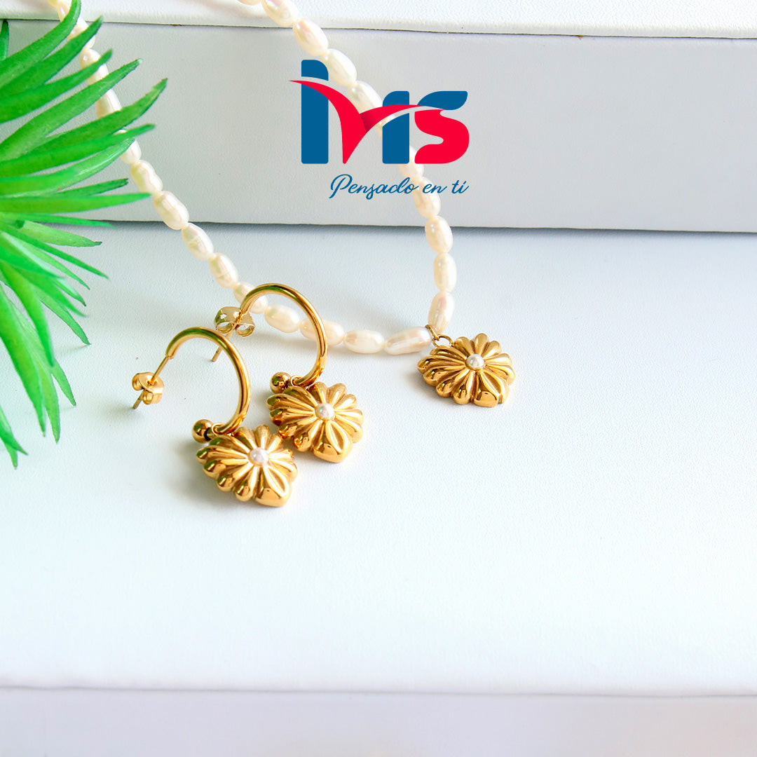 Set de Joyería Floral con Perla Natural – Acero Quirúrgico 316L Waterproof.