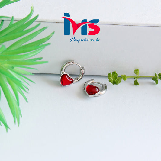 Aretes Argolla Plateada con Corazón Rojo  Acero Quirúrgico 316L · Waterproof.