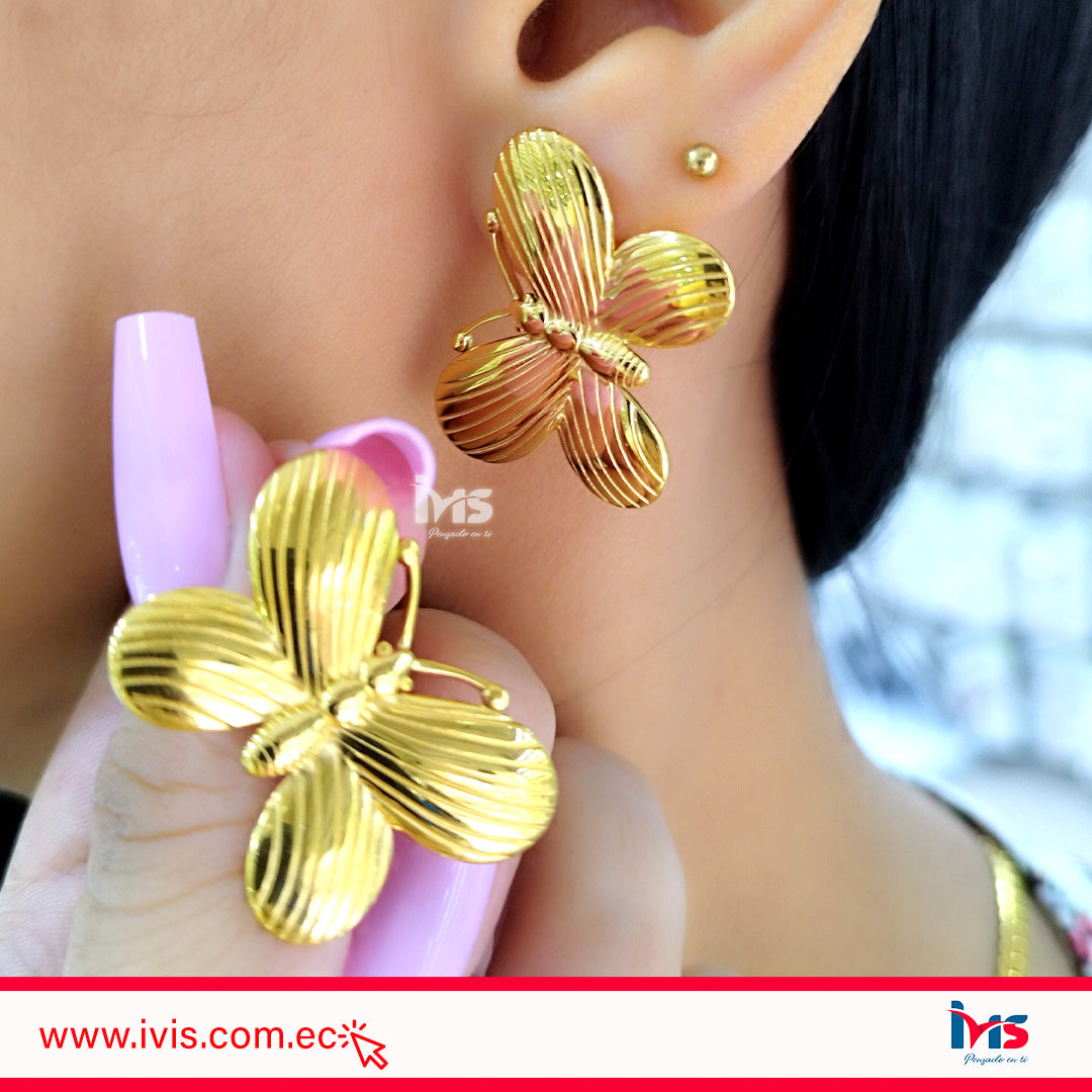 Aretes de acero quirúrgica 316L enchapadas en oro 18kl. waterproof- Diseño Mariposa - Elegante