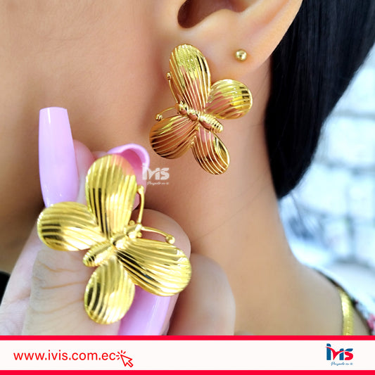 Aretes de acero quirúrgica 316L enchapadas en oro 18kl. waterproof- Diseño Mariposa - Elegante